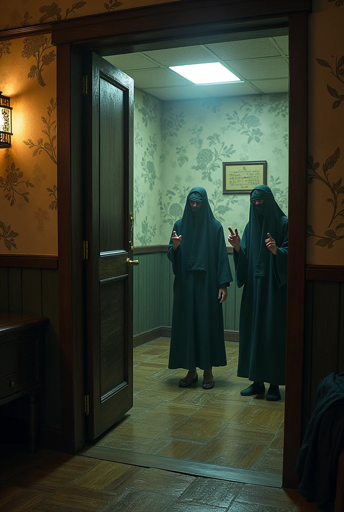 A fantastical Japanese-style room from another world、Place々Creepy、People in strange costumes々will greet you and guide you to your room.、Everyone points to the right behind them with their hands.、Blindfold on the face