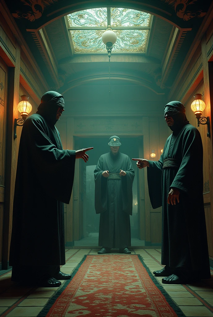 A fantastical Japanese-style room from another world、Place々Creepy、People in strange costumes々will greet you and guide you to your room.、Everyone points to the right behind them with their hands.、Blindfold on the face