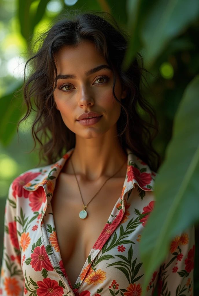 A Brazilian woman in a lush tropical garden, wearing an open shirt with a floral print, with a close-up capturing the harmonious beauty between her breasts and the natural flowers, showing off your natural charm and outgoing personality.