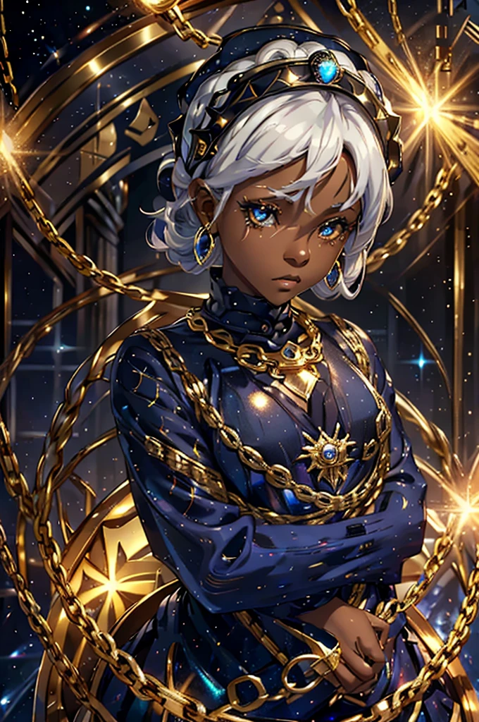 high quality, galactic looking girl, dark space skin filled with stars, white eyes without pupils, iron crown with blue gem, four arms, SERIOUS LOOK, without bodily features, unclothed, Medium Chest, golden chains around him, White hair, 