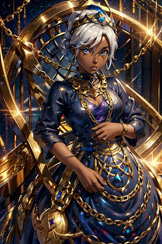 high quality, galactic looking girl, dark space skin filled with stars, white eyes without pupils, iron crown with blue gem, four arms, SERIOUS LOOK, without bodily features, unclothed, Medium Chest, golden chains around him, White hair, 