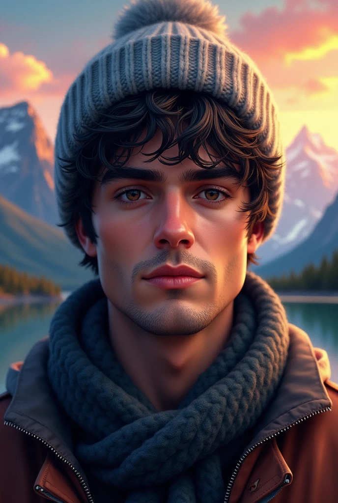 Face of a handsome dark-haired man with a beanie and a landscape background