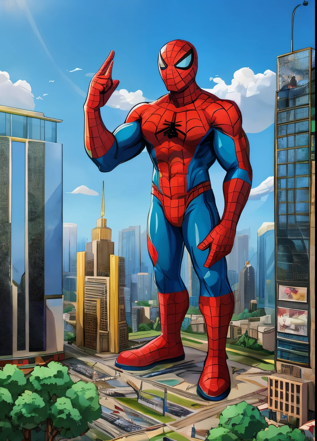 Slim spider man with bright turquoise eyes in comic book style art, macro