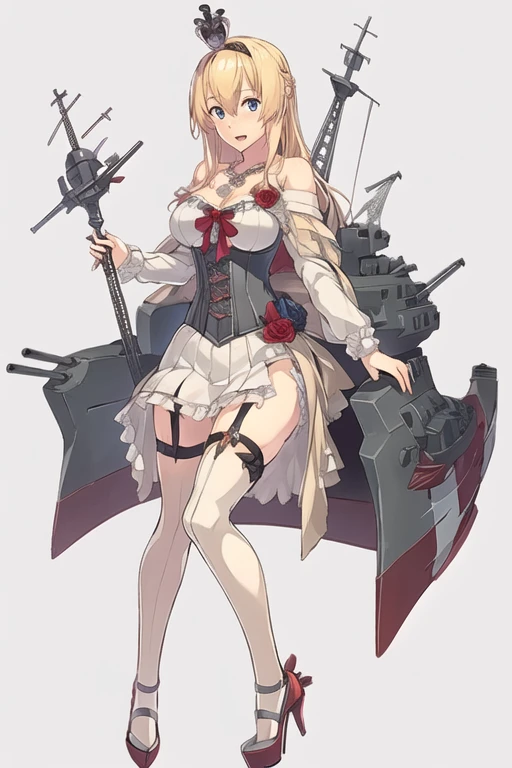 warspite \(kancolle\),((masterpiece)),(((best quality))),((ultra-detailed)),((illustration)),((disheveled hair)),((frills)),(1 girl),(solo),1girl, blonde hair, blue eyes, braid, breasts, corset, crown, dress, flower, french braid, full body, garter straps, hairband, high heels, jewelry, long hair, long sleeves, machinery, medium breasts, mini crown, necklace, off-shoulder dress, off shoulder, open mouth, red flower, red ribbon, red rose, ribbon, rose, scepter, solo, thighhighs, white dress, stand, Official attire,full body,