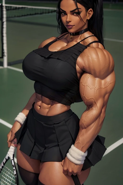 (((Close-up))), tall, (black hair) beautiful muscular woman, long straight hair, brown skinned, large breast, closed smile, (black lipstick), (massive muscles), (hyper muscle), (((ginormous bulky muscles))), orange eyes, (((black tennis top))), (((long black pleated skirt))), (thigh high socks), choker, (holding tennis racket), sneakers, in a tennis court, 