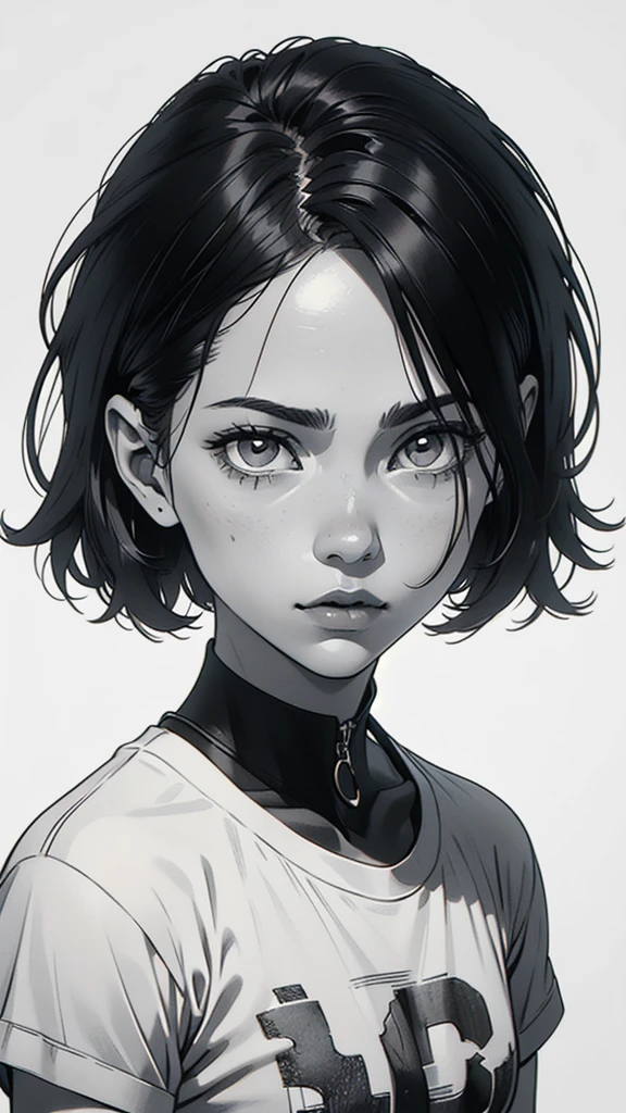 1 boyish girl, solo, sharp eyes, expressionless, monochrome, greyscale, short black hair, portrait, white T-shirt, closed mouth, looking at viewer, graphite \(medium\), detailed lips, hatching \(texture\), without makeup, bangs, upper body, (best illustration), (best quality), (very detailed), (masterpiece), expressionless,