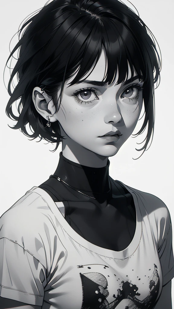 1 boyish girl, solo, sharp eyes, expressionless, monochrome, greyscale, short black hair, portrait, white T-shirt, closed mouth, looking at viewer, graphite \(medium\), detailed lips, hatching \(texture\), without makeup, bangs, upper body, (best illustration), (best quality), (very detailed), (masterpiece), expressionless,