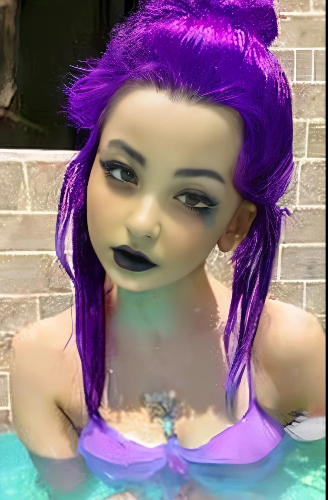 arafed woman with purple hair sitting in a hot tub, a photo inspired by Rowena Meeks Abdy, reddit, massurrealism, 1 goth girl, she looks like a mix of grimes, pale goth beauty, looks like a mix of grimes, resembling a mix of grimes, charli bowater, pale skin and purple eyes
