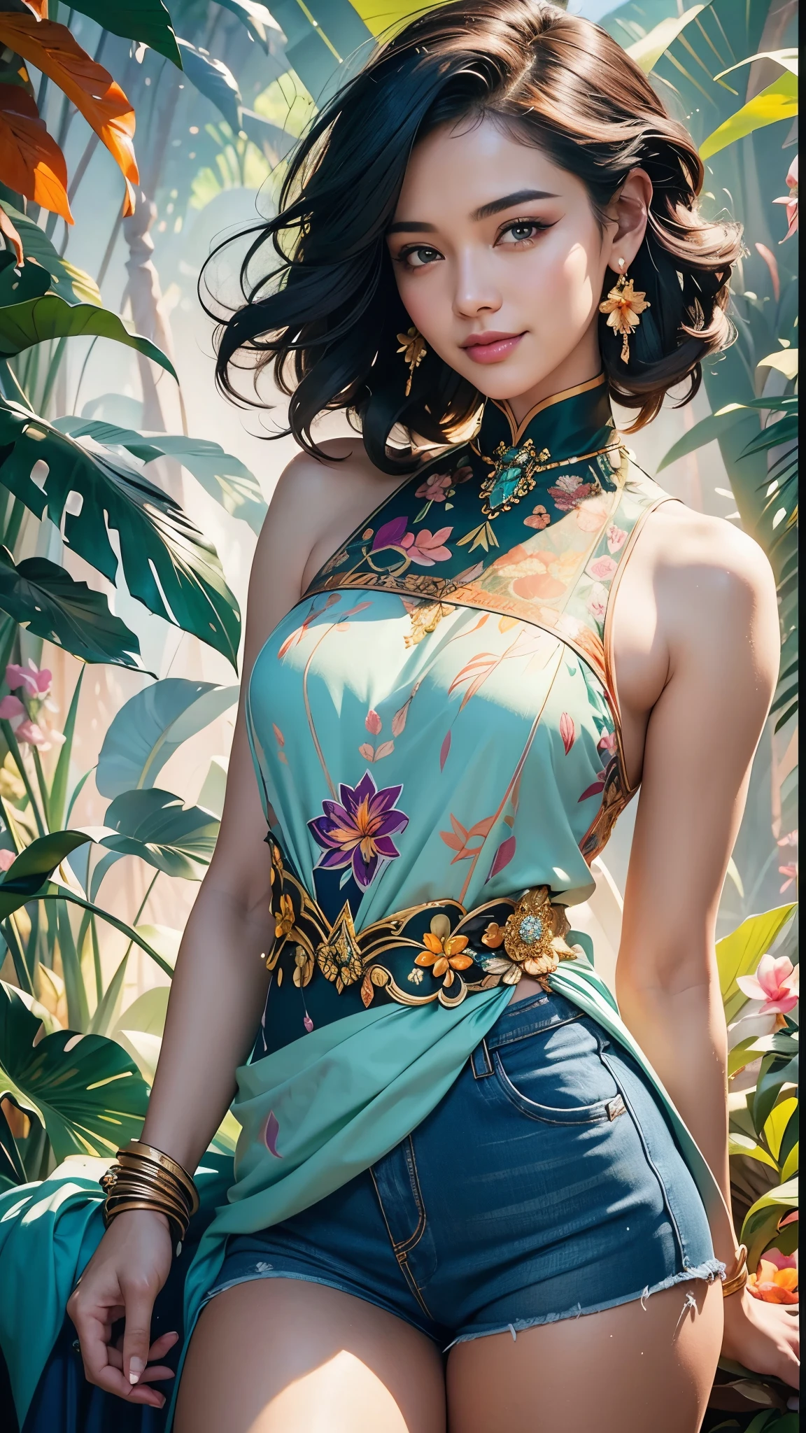 Vibrant art deco painting, upper body portrait. Thai woman wearing plumeria flower design t-shirt and jean shorts, smiling, surrounded by lush tropical foliage. Splash art, early 20th century art nouveau. Delicate, intricately detailed plumeria flowers in her hair, multicolored locks flowing. Soft, warm volumetric lighting and misty atmospheric effects, with golden hour glow. Dynamic, triadic colors, orange and teal prominent, deep blues and purples in background. High contrast, hyper detailed textures, 8k resolution, Adam Hughes meets Alphonse Mucha, glowing ambient occlusion, Unreal Engine 5, Art Deco, maximalist, cinematic, detailed, meticulously crafted, ornate, intricate, excessive detail.
