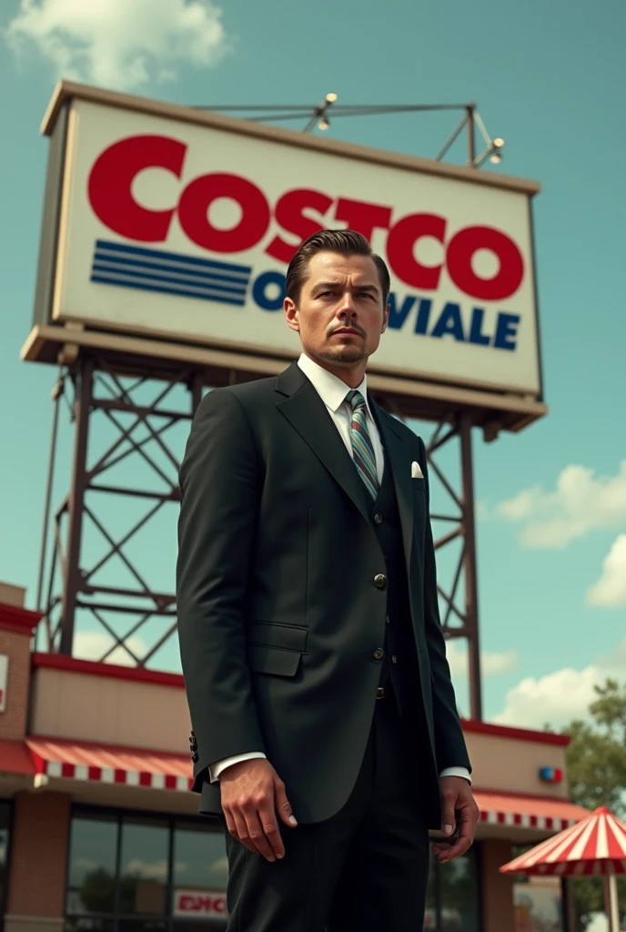 The great Gatsby Leonardo Dicaprio with big costco wholesale sign behind him
