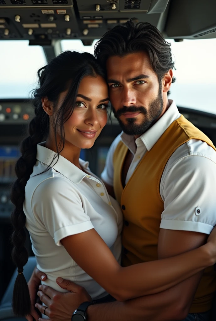 (photorealism: 1.2), hot brazilian sexy girl in sexy dynamic pose. raw portrait photography, hyper realistic and detailed face, complex and realistic skin texture, hot body, athletic body, smiling, long black hair with braid, dressed with white polo shirt and yellow vest, with her handsome tanned guy, brazilian, beard and nice smile, green eyes, black hair, white pilot shirt in the cockpit of an airbus