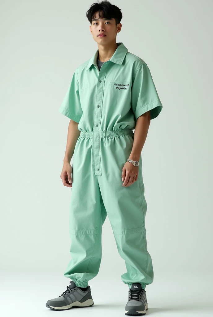 A comfortable and stylish fluid-proof set for environmental engineering students,white with light green, where the diver does not wear a collar, Their sleeves are short and the pants are sweatshirt style, and carry the phrase environmental engineering