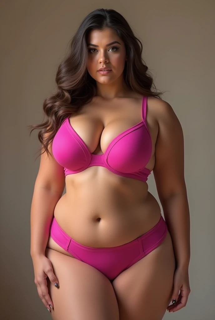 A woman with pink bra with big breasts full body
