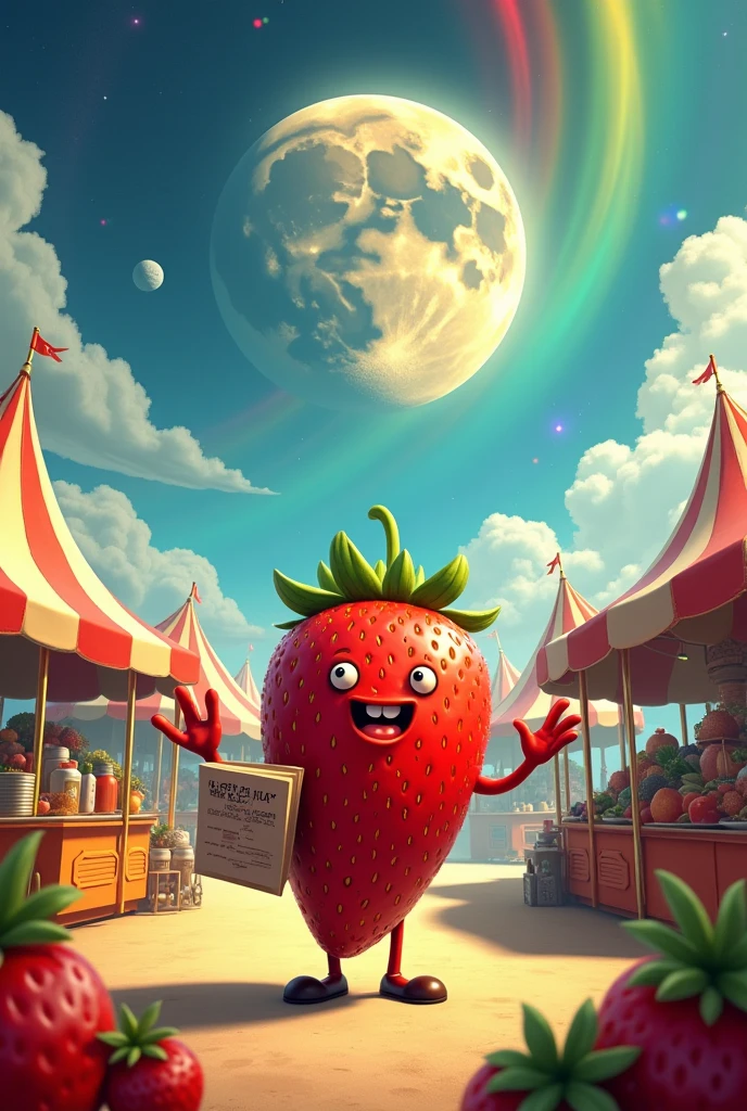 Comedian strawberry who makes jokes about orange being orange, bet, the name of the fruit is orange or the orange color is because of the fruit? Orange holding a 1000 page manual, fair in the background with many fruit stalls, vegetables, vegetables and kitchen utensils, bright sun and huge smiling shining moon with rainbow and northern lights around.