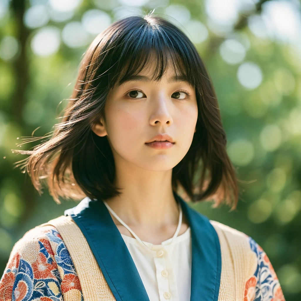 A hyper-realistic image of a single Japanese woman in her early 20s, captured from the shoulders up with the distinctive warmth and pronounced graininess of a vintage film camera. She is wearing a traditional Japanese yukata with an elegant, classic design featuring delicate floral patterns and a subdued color palette, such as indigo blue with white or soft pastel shades. The yukata's neckline is visible, with a neatly tied obi peeking at the edge, enhancing her refined and graceful appearance. Her skin has a warm beige tone with a natural, slightly rough texture that includes visible pores, fine lines, and small imperfections like subtle blemishes or uneven tones, adding to the authenticity of her look. The soft, diffused natural light, reminiscent of a summer afternoon, casts gentle shadows across her face, creating a warm, organic feel with slightly muted contrast typical of film photography. Her straight, slightly tousled black hair frames her face naturally, moving gently in a light summer breeze. Her deep brown eyes reflect the ambient light but with a softer focus, evoking the nostalgic quality of film. The film camera effect is more pronounced, with visible grain, slight color shifts, and a touch of vignette, enhancing the vintage aesthetic. The composition focuses on her upper body, capturing the essence of summer with her yukata and the ambient details that create a serene, understated elegance, all portrayed through the lens of a classic film camera.