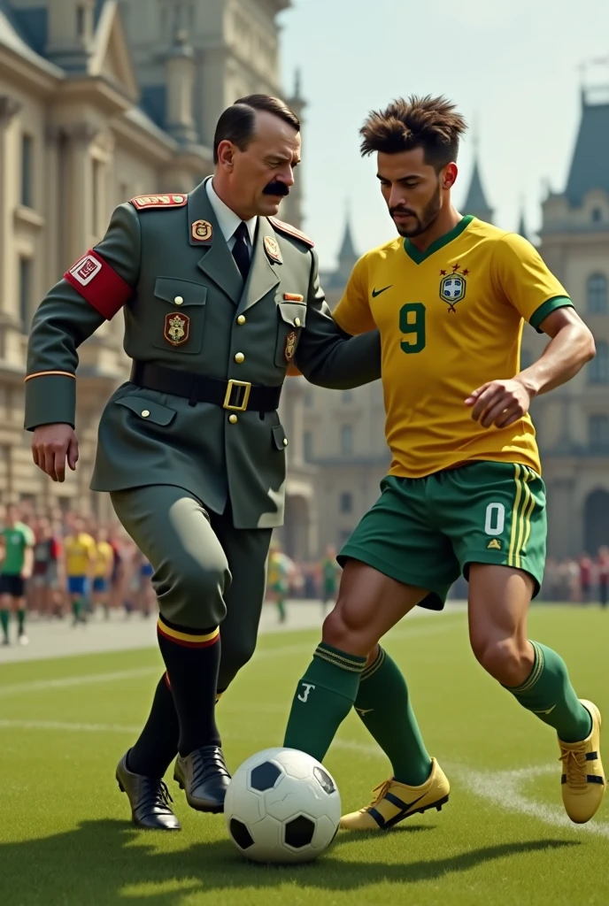 Make Hitler in Nazi officer&#39;s clothes playing soccer with Neymar wearing the Brazilian shirt