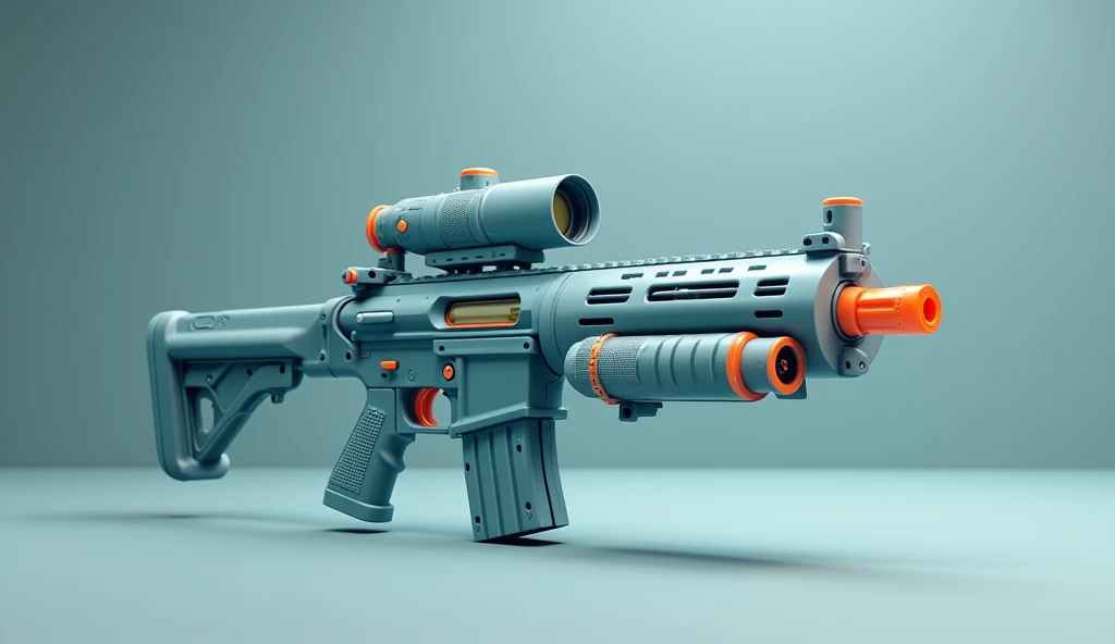 Mini double water gun toy，Integrated rifle mount，Simple surface pattern，Transparent magazine and scope recessed，(Similar structure to M416)，(Double muzzle:1.3)，Smooth lines，Plastic material，Three-color Morandi color matching，high quality，Professional Product Photography，Table background，3d, OC Rendering，8K，