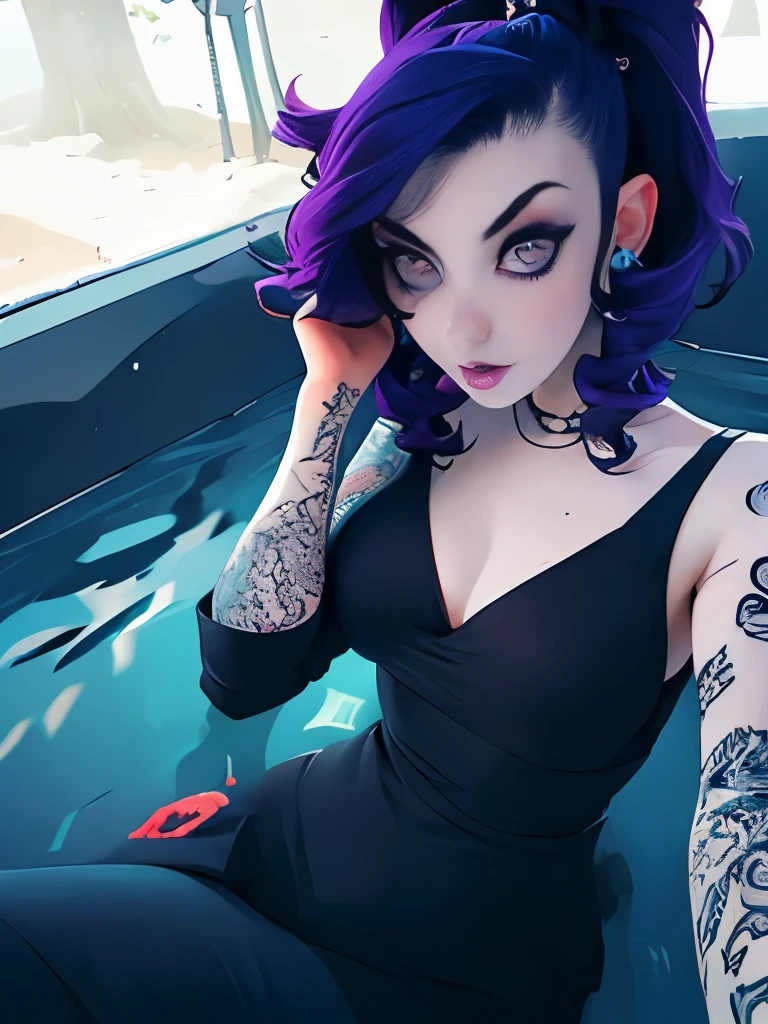 arafed woman with purple hair sitting in a hot tub, 1 goth girl, she looks like a mix of grimes, pale goth beauty, looks like a mix of grimes, resembling a mix of grimes, charli bowater, pale skin and purple eyes, dark purple hair and cybernetics, with tattoos, very beautiful goth top model