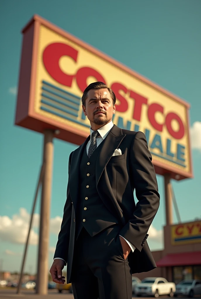 The great Gatsby Leonardo Dicaprio with big  costco wholesale sign behind him