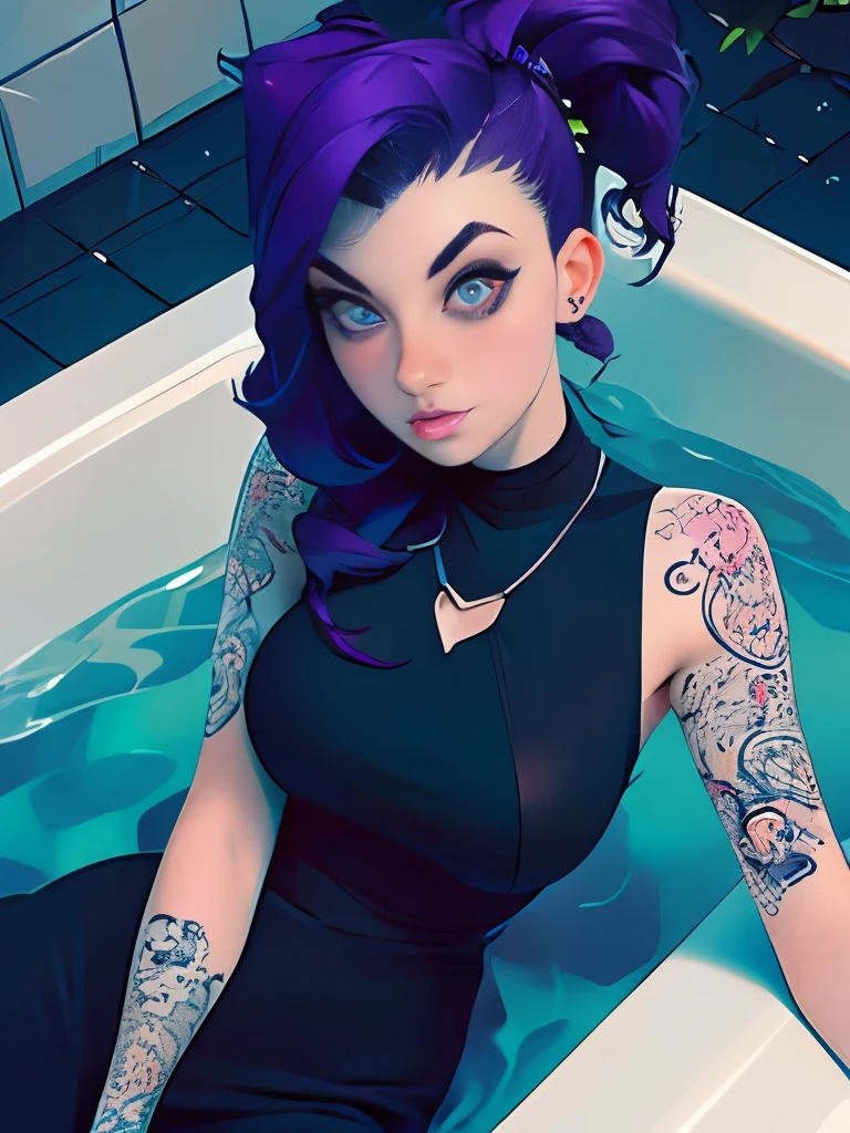 arafed woman with purple hair sitting in a hot tub, 1 goth girl, she looks like a mix of grimes, pale goth beauty, looks like a mix of grimes, resembling a mix of grimes, charli bowater, pale skin and purple eyes, dark purple hair and cybernetics, with tattoos, very beautiful goth top model
