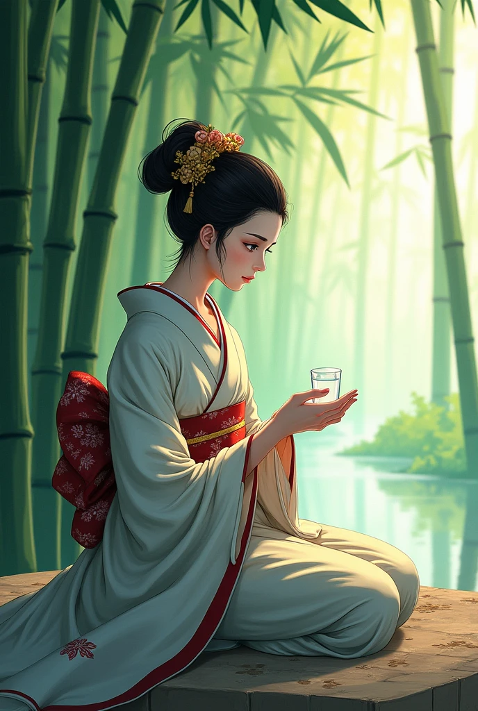 A geisha contemplating a bamboo forest with a small glass of water.