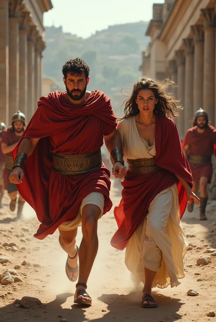 Romano Julius Caesar running with his wife , running away from your enemy
