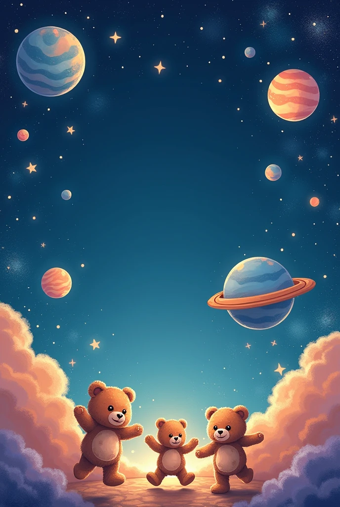 Create a cute notebook cover, with teddy bears traveling through planets at the bottom, and that does not take up much space