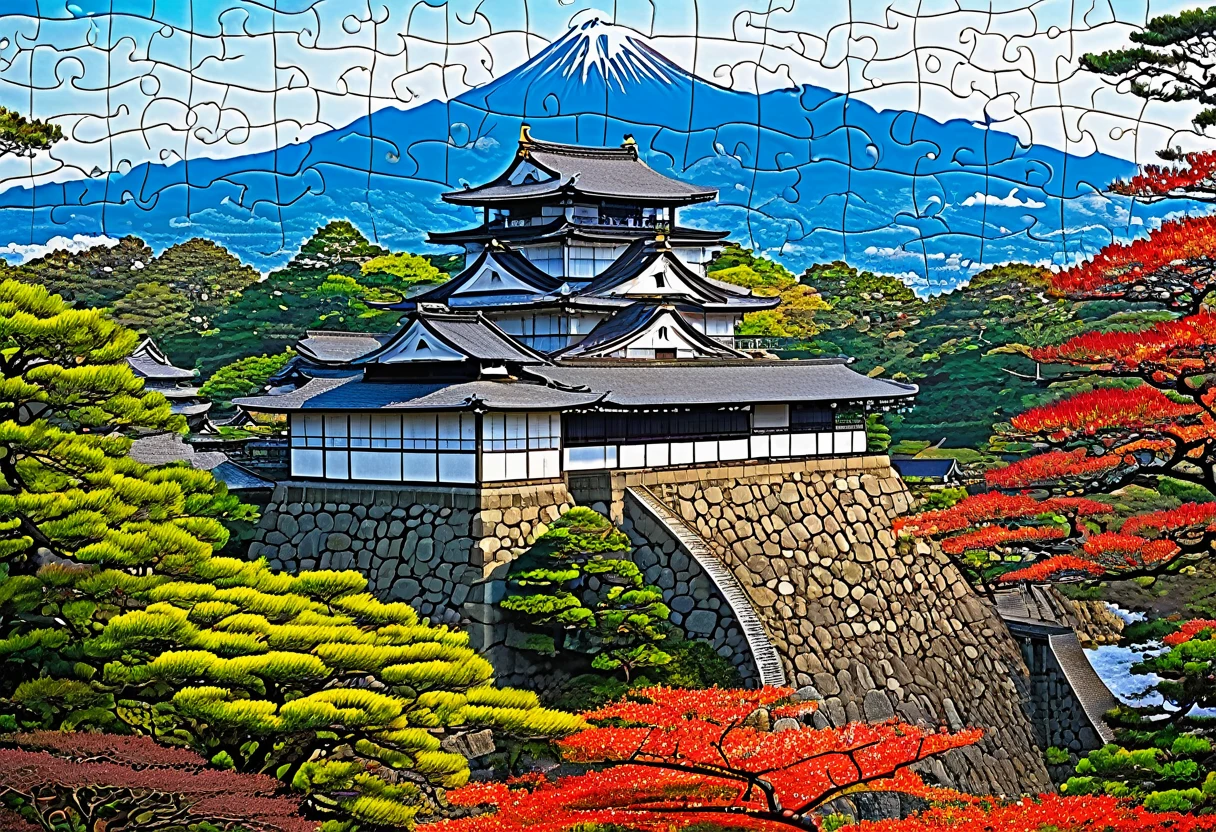 This puzzle captures the timeless beauty of a Japanese Sengoku-era castle and its surrounding landscape in a traditional style. The stone walls, steeped in history, and the castle grounds, embraced by the changing seasons, exude a beauty that seems to have transcended time to reach the present. As you piece together this puzzle, you'll embark on a journey back to the Sengoku period, savoring the ancient scenery at your own pace. This puzzle is perfect for history enthusiasts and landscape lovers alike.