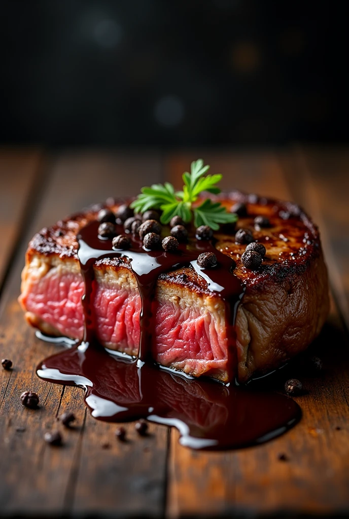 Steak recipe realistic clean image of food, Hot transmission, black pepper sauce on top of the steak and dripping down the side of the steak, on a rustic wooden floor, placed on a dark background, medium contrast
