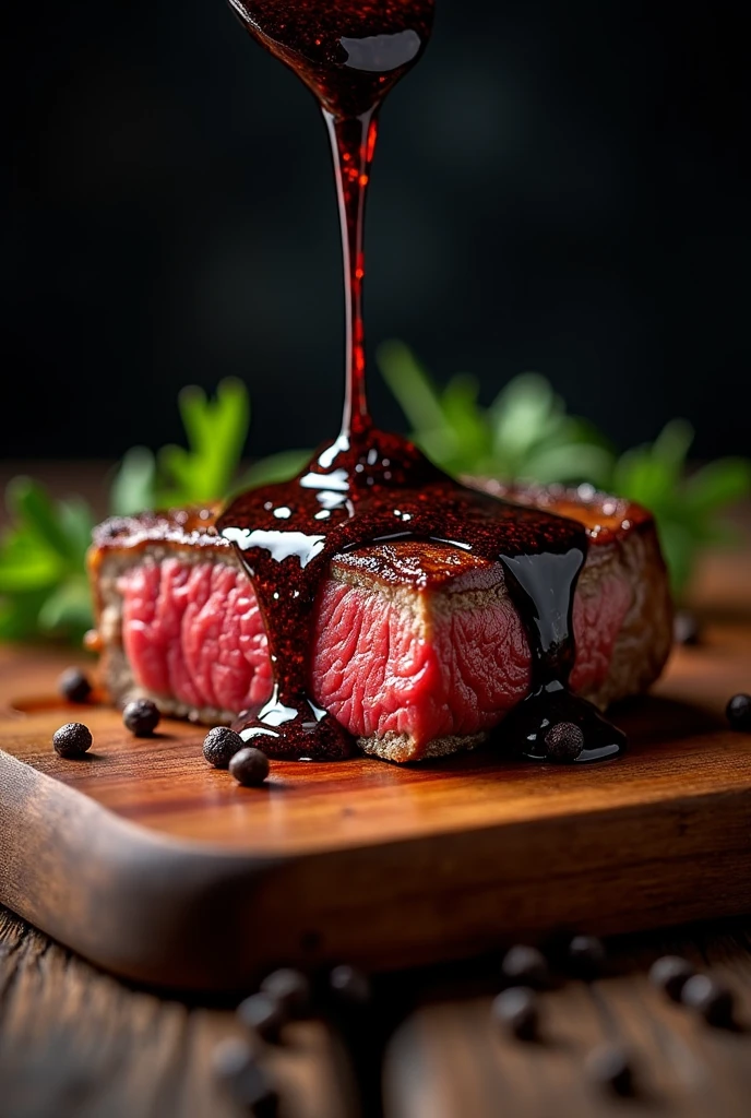 Steak recipe realistic clean image of food, Hot transmission, black pepper sauce on top of the steak and dripping down the side of the steak, on a rustic wooden floor, placed on a dark background, medium contrast
