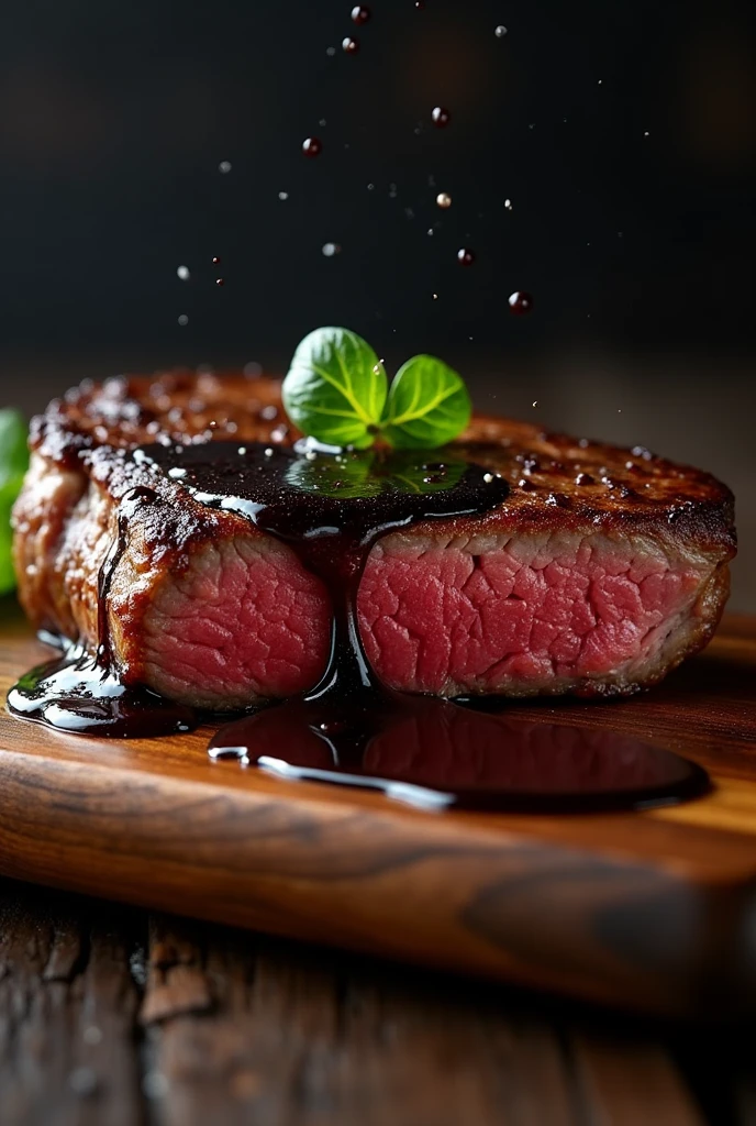 Steak recipe realistic clean image of food, Hot transmission, black pepper sauce on top of the steak and dripping down the side of the steak, on a rustic wooden floor, placed on a dark background, medium contrast

