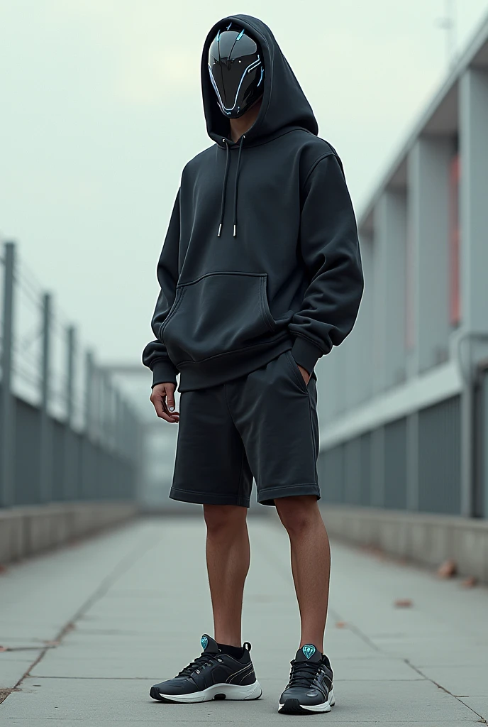 A young man with a robot mask wearing a sweatshirt and shorts and stylish sneakers