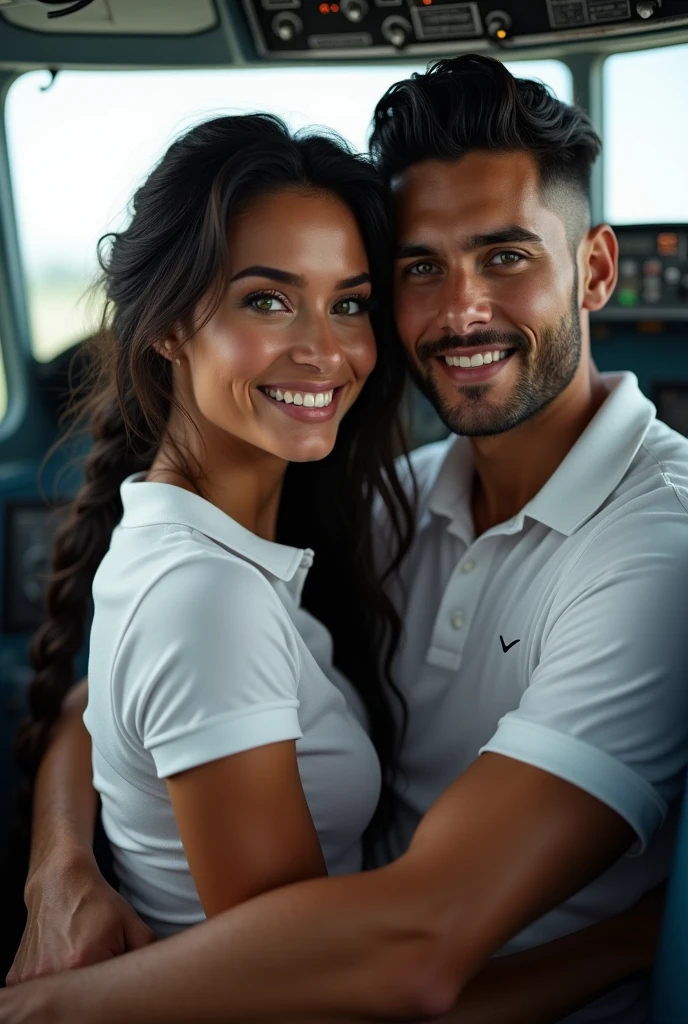 (photorealism: 1.2), hot brazilian sexy girl in sexy dynamic pose. raw portrait photography, hyper realistic and detailed face, complex and realistic skin texture, hot body, athletic body, smiling, long black hair with braid, dressed with white polo shirt and with her handsome tanned guy, brazilian, beard and nice smile, green eyes, black hair, white pilot shirt in the cockpit of an airbus