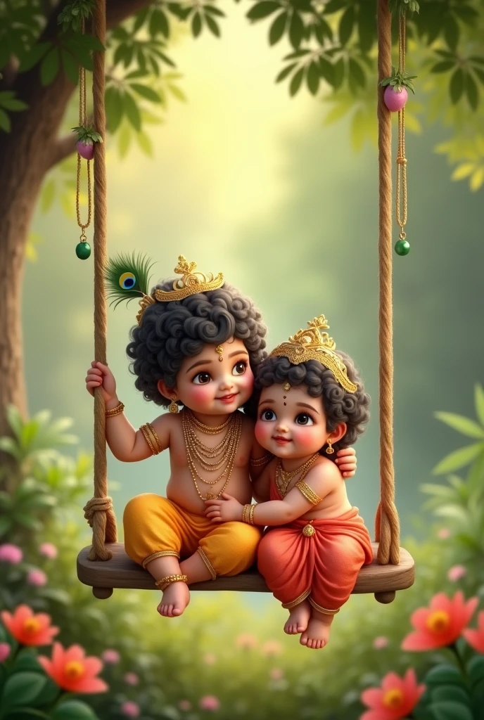 Very cute  kanha ji, wearing morpankh mukut, with very beautiful babyha rani, enjoying on swing