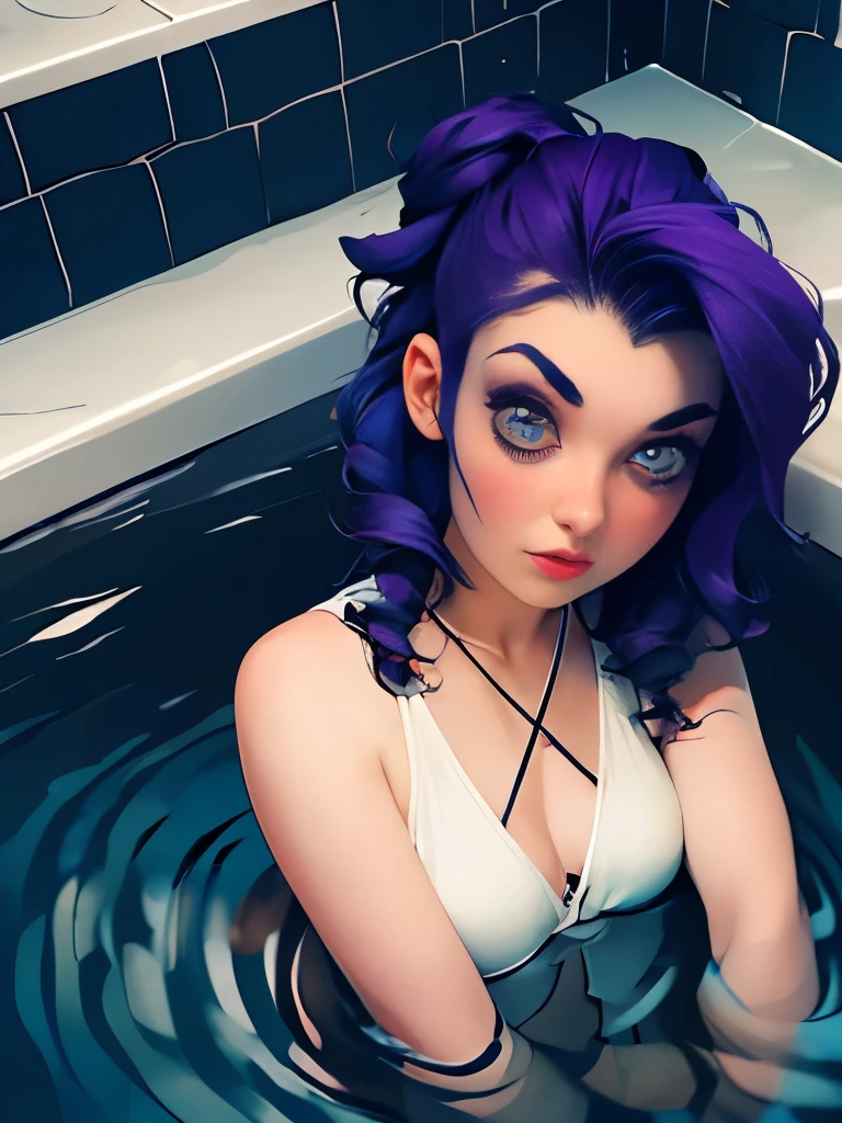 arafed woman with purple hair sitting in a hot tub, a photo inspired by Rowena Meeks Abdy, reddit, massurrealism, 1 goth girl, she looks like a mix of grimes, pale goth beauty, looks like a mix of grimes, resembling a mix of grimes, charli bowater, pale skin and purple eyes