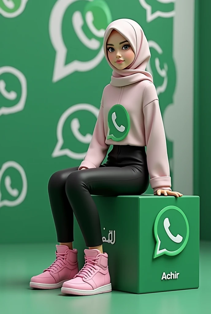 realistic photo, A beautiful 1 woman wearing a long-sleeved hijab with the WhatsApp logo on it saying ONCO official.wearing black pants and pink Jordan shoes. WhatsApp background.sitting on top of the rectangular ACHIR name with the WhatsApp logo. WhatsApp background. 3d realistic.