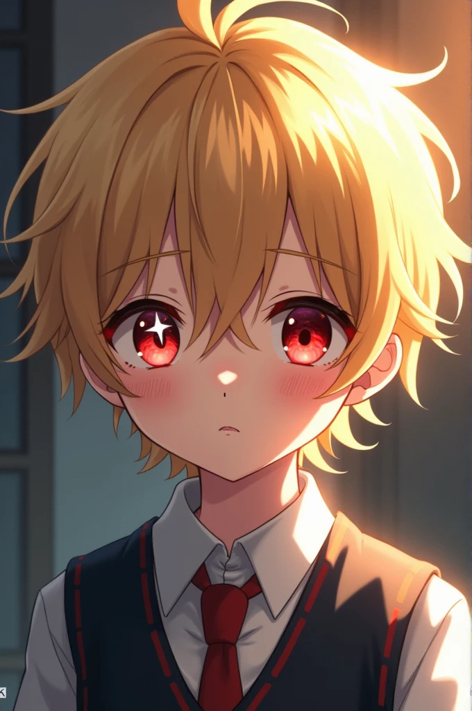 boy who has blond hair and red eyes and a white star in his left eye in the pupil, and wears a school uniform and has a face that would be anime style oshi no ko