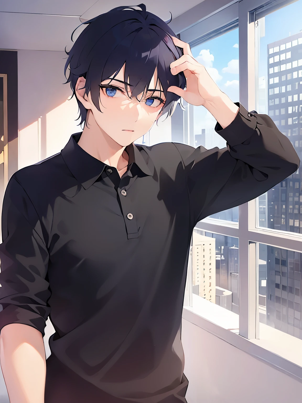 (2 male:1.5) and (Black short hair) and (blue eyes), (hand on own head:1.5),upper body,(looking away:1.5),
shiny skin, masterpiece、Highest quality、
(black polo shirt),
confused,Are standing、
office、(alone:1.5)