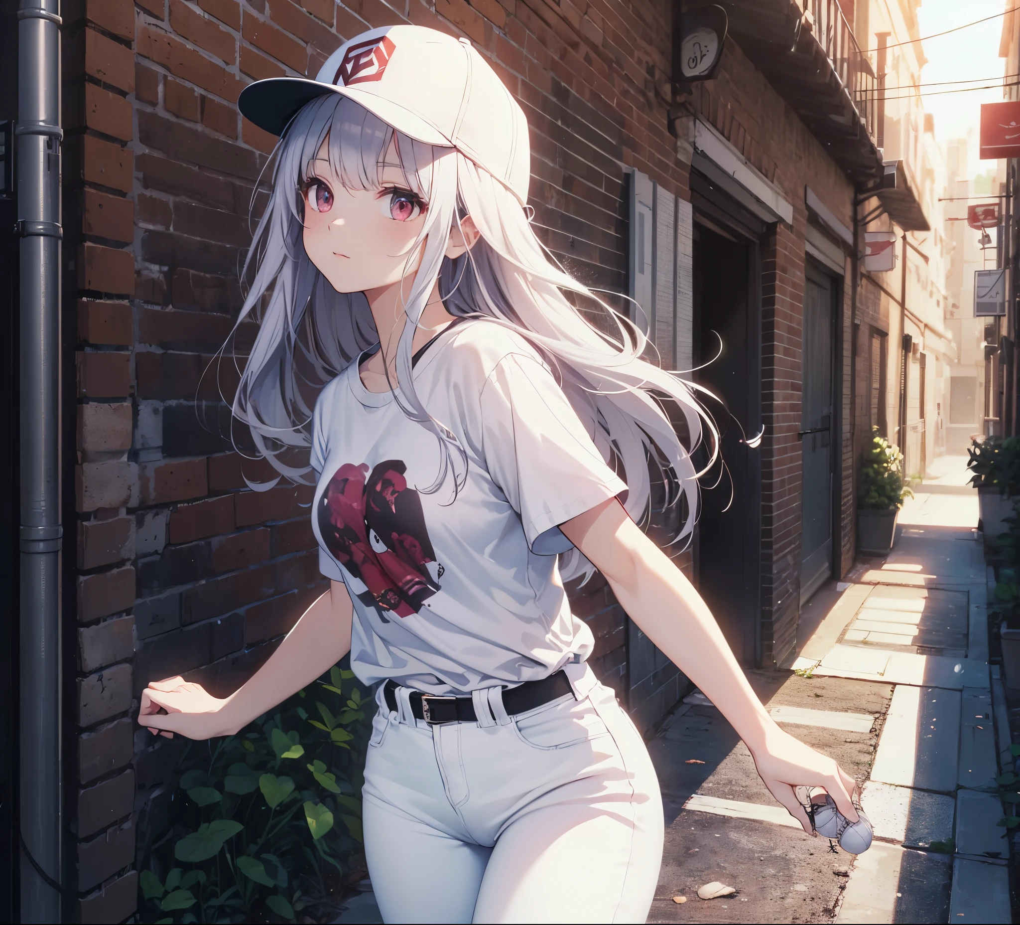 (Close-up:1.3),Realistic,Highest quality, Super detailed, High-quality CG rendering, The most delicate and beautiful, Floating softly, High resolution, (1 person), (Highest quality,4K,8k,masterpiece:1.2), Light purple hair,(Long Hair:1.5),Red eyes,(Pure white oversized short sleeve T-shirt:1.3),(Pure white skinny jeans:1.3),(Pure white baseball cap:1.3),In the city,old buildings,Narrow back alley,(front:1.3)