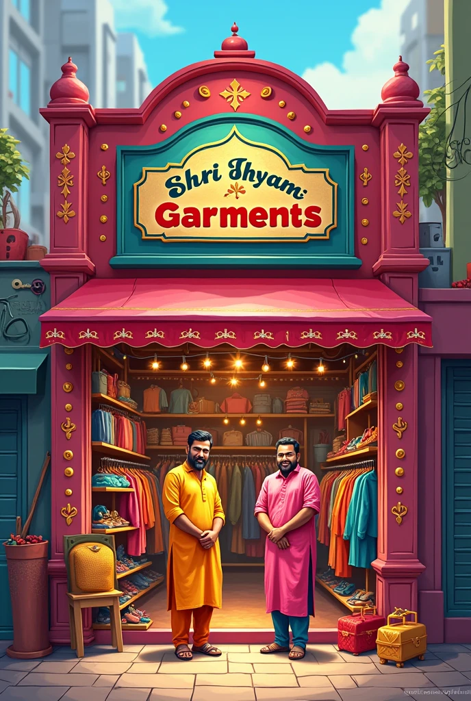 Make A advertisment photo in hindi language to share on social media ads of my new garments shop opening named "Shri shyam Garments" where I will sell all clothes for mens, women's,kids and footwear too , please include Shri shyam Garments in the shop name 