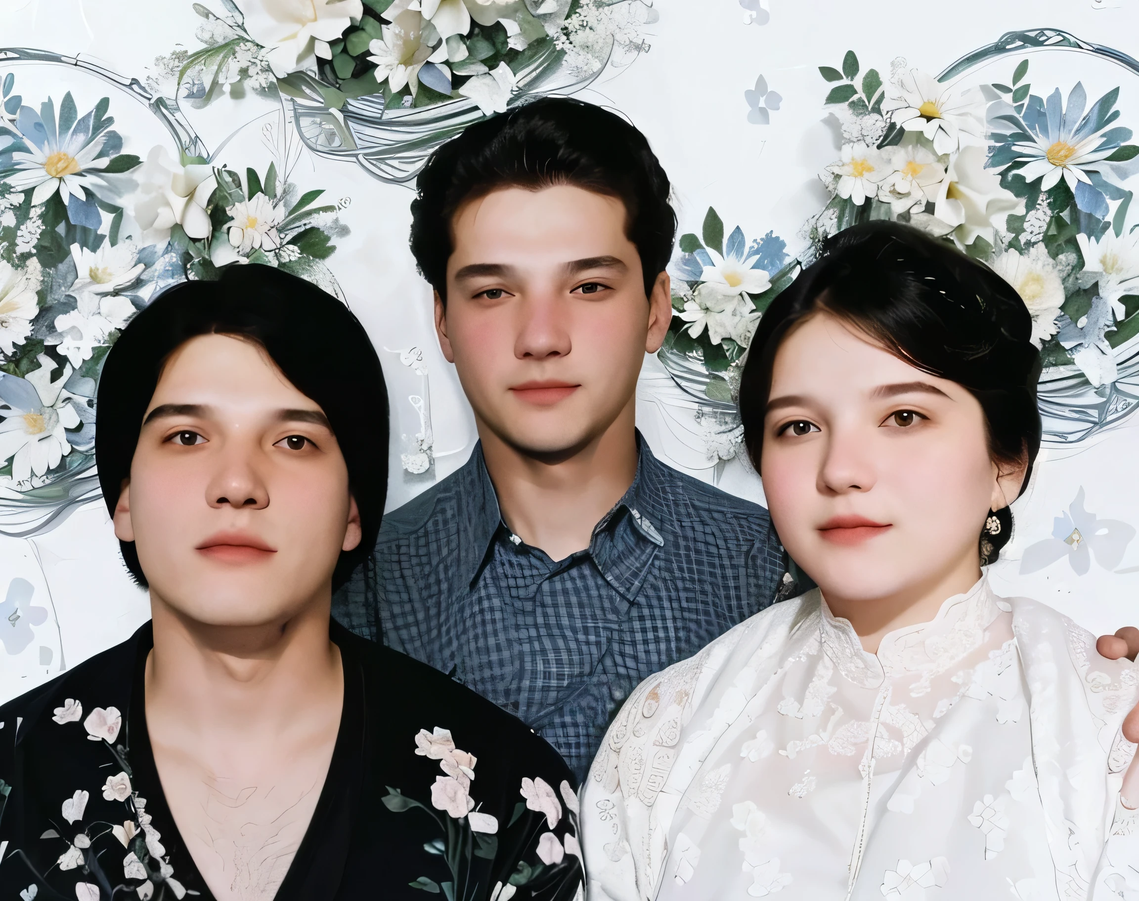 There are three people standing together in front of a flower wall, family photo, family portrait of three, profile picture, portrait photo, alexandra fomina, sergey krasovskiy, Ilya Ozornin, alejandro rostov, marat zakirov, family photo, 1998 photo, Masha Krasnova