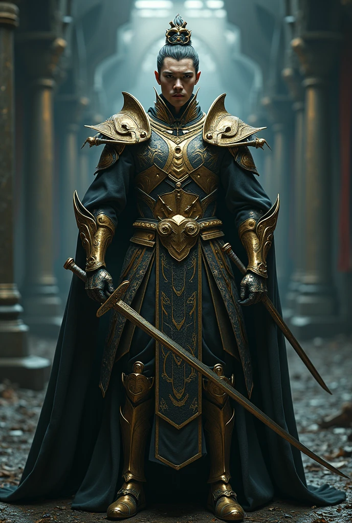 Alien technology martial arts costumes, fashion photography,Gold and silver clothing , Dim lighting,gloomy,Photorealistic,Create tension、Sinister atmosphere。Swords,The viewing angle is from below,Emphasizes the absolute majesty and power of the male emperor。,Inspired by Chinese Xianxia and Cyberpunk。(best quality,4K,8K,high resolution,masterpiece:1.2), (Practical,Reality,Photo-real:1.37). information,