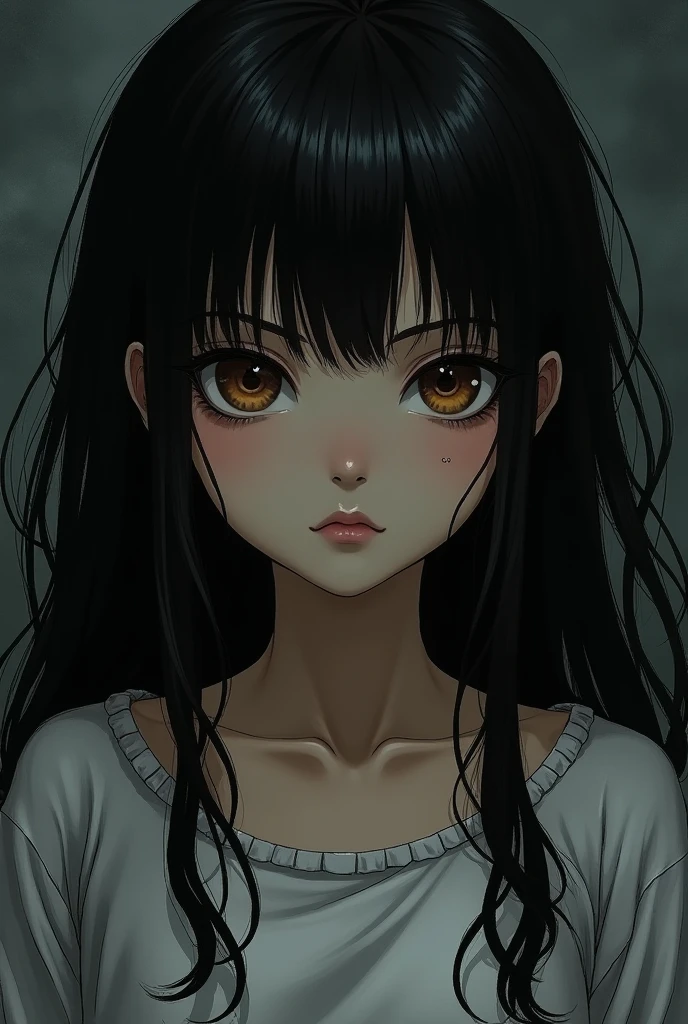 Create an image of a girl, long dark hair, 
with big brown eyes ,light brown skin,
 with a mole on the cheek, horror manga style