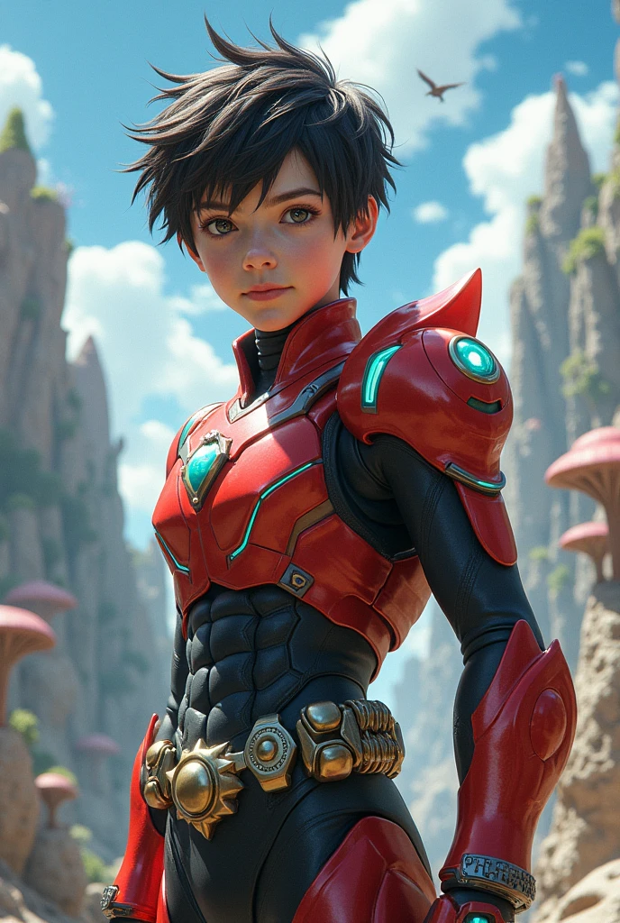 Make me a  kid who lives in a fantasy setting who looks like he's from a Kamen Rider show