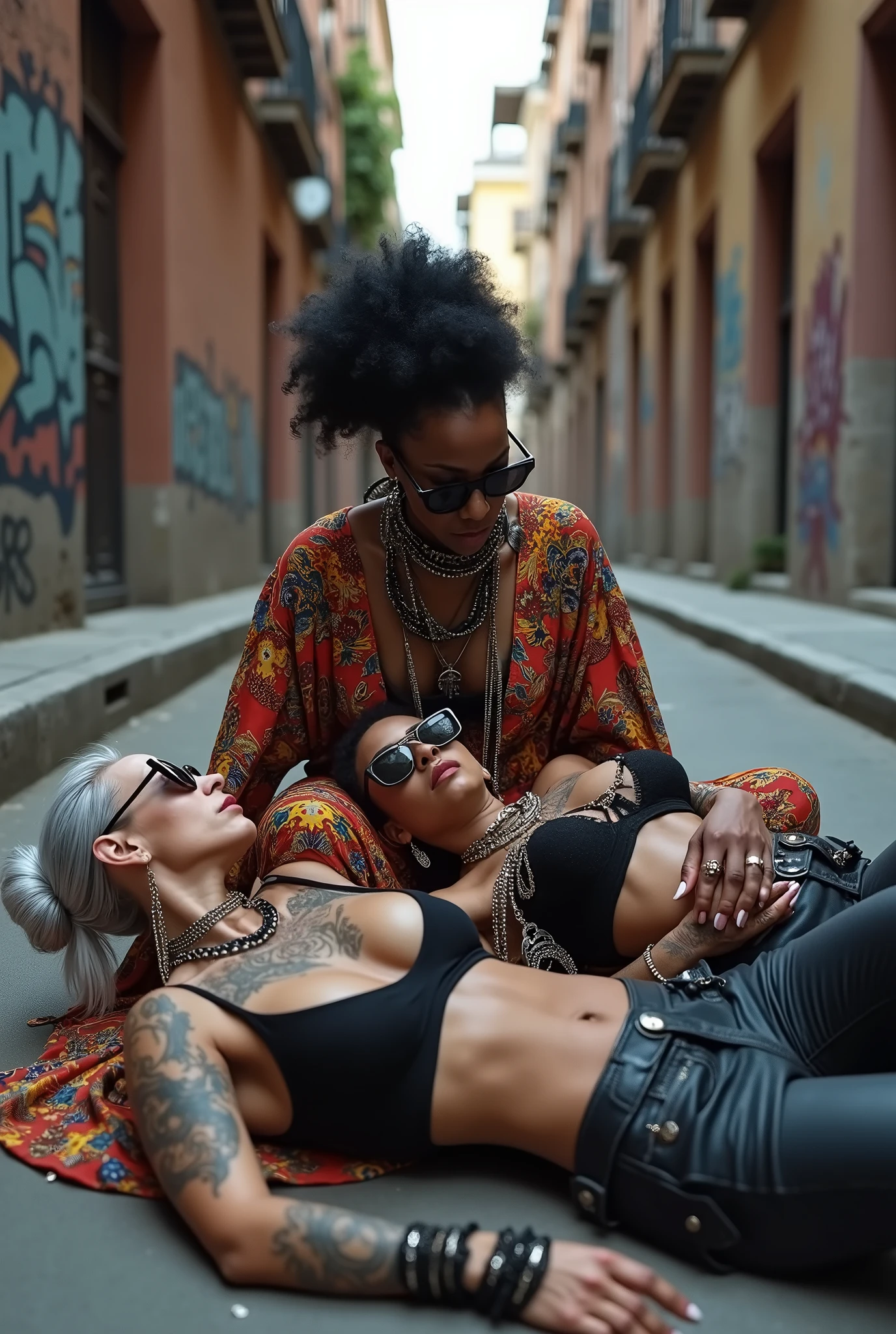 Three russian old milf women: the strong, muscular , dominant dark skinned gipsy woman (black afro, long african traditional colourful tunic, barefoot), squatting with possessive stance (arms around her two girlfriends' necks). At her feet, lying on the ground,her two caucasian girlfriends groping and kissing each other, weak, light grey hair, submissive and needy, feeling defeated and needy, in laid back postures with hands touching their thongs or their necks or chest, looking at each other with open mouths, arched back, different clothes but all wearing clothes in rock chic style. grey hair (bouffant, top bun, shaved sides) and oversized square sunglasses. Big lips. Black lace push up bras, silicone breasts,, low rise skinny leather jeans. Both Barefoot.. Lots of thick wide studded bracelets, chain necklaces and big rings,. Long earrings with chains and feathers. Chains around their hips. Lounging lazily on the ground with bended knees, separated legs and arched backs. Lazy, leaning back, laid back pose, separated legs. Neck tattoed, chest tattoed, stomach tattoed, feet, hands, arms and wrists heavily tattoed. Toned abdominals, thin neck, slim legs and thin arms. Narrow hips. Both, open legs. Full body. At a Madrid narrow street with graffitied walls.