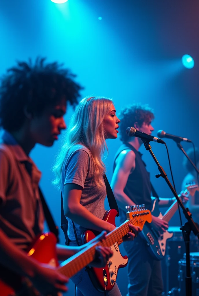Uma banda em um show de pop rock, various ethnicities, with Echo grace writing, with a close-up capturing the audience, tecladista, drummer, singing with microphone , cerulean, Face ultra detailed, dark curly hair, blonde singer