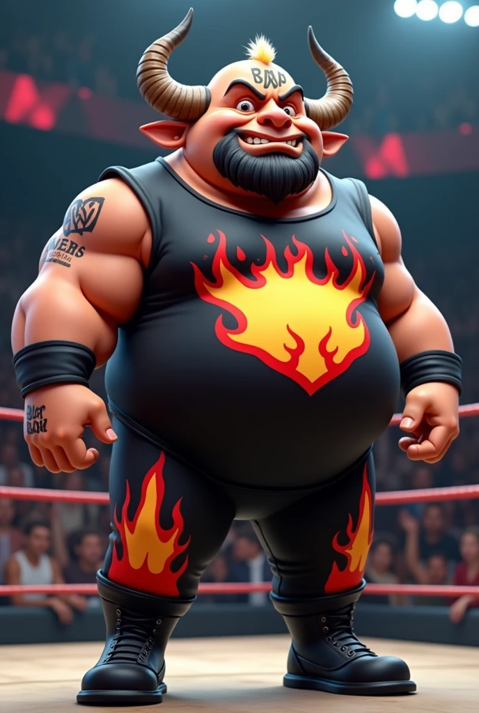 Fat cartoon buffalo dressed like WWE wrestler Bam Bam Bigelow.
Fat cartoon buffalo body. Cartoon Buffalo head. Cartoon Buffalo face. Cartoon Buffalo arms. Cartoon buffalo hands.
Fat. Bulky. Tooth missing.
Short black beard. Bald. Flame tattoo on head.
Black T-shirt ordained with red, yellow , and blue flames
Black pants ordained with red, yellow, and blue flames. Black wrestling boots ordained with red, yellow, and blue flames
Standing in a wrestling ring.