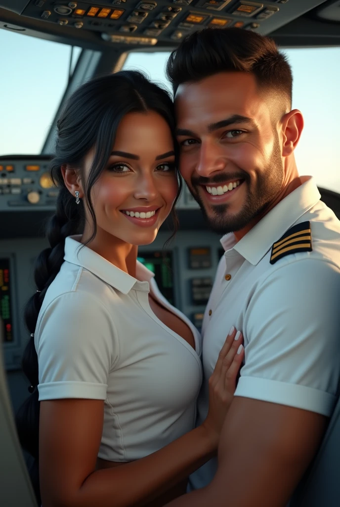 (photorealism: 1.2), hot brazilian sexy girl in sexy dynamic pose. raw portrait photography, hyper realistic and detailed face, complex and realistic skin texture, hot body, athletic body, smiling, long black hair with braid, dressed with white polo shirt and with her handsome tanned guy, brazilian, beard and nice smile, green eyes, black hair white pilot shirt in the cockpit of an airbus