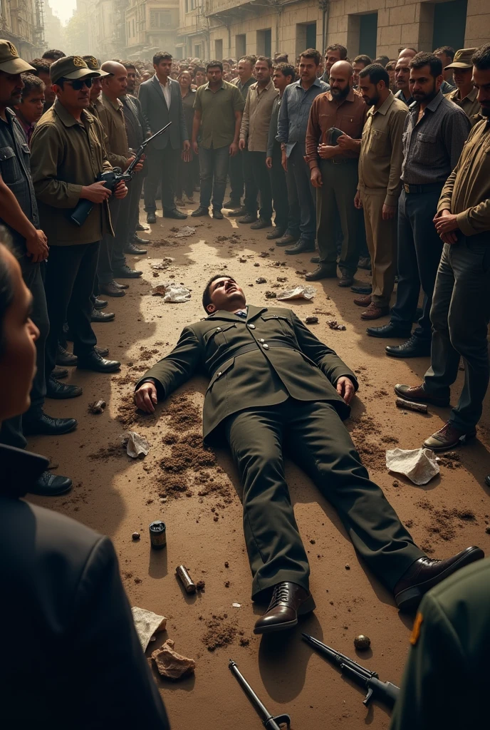 A dictator lying on the ground, shot, and many people nearby