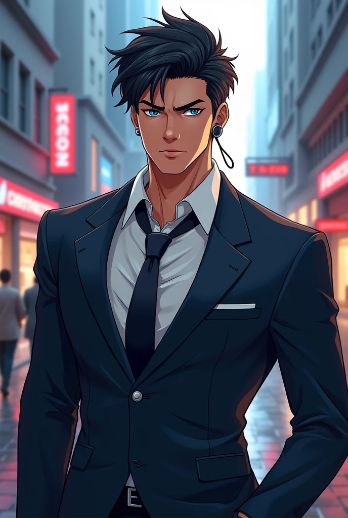 Bodyguard with a kind heart (male) young one with 30 years age in anime style with stern face